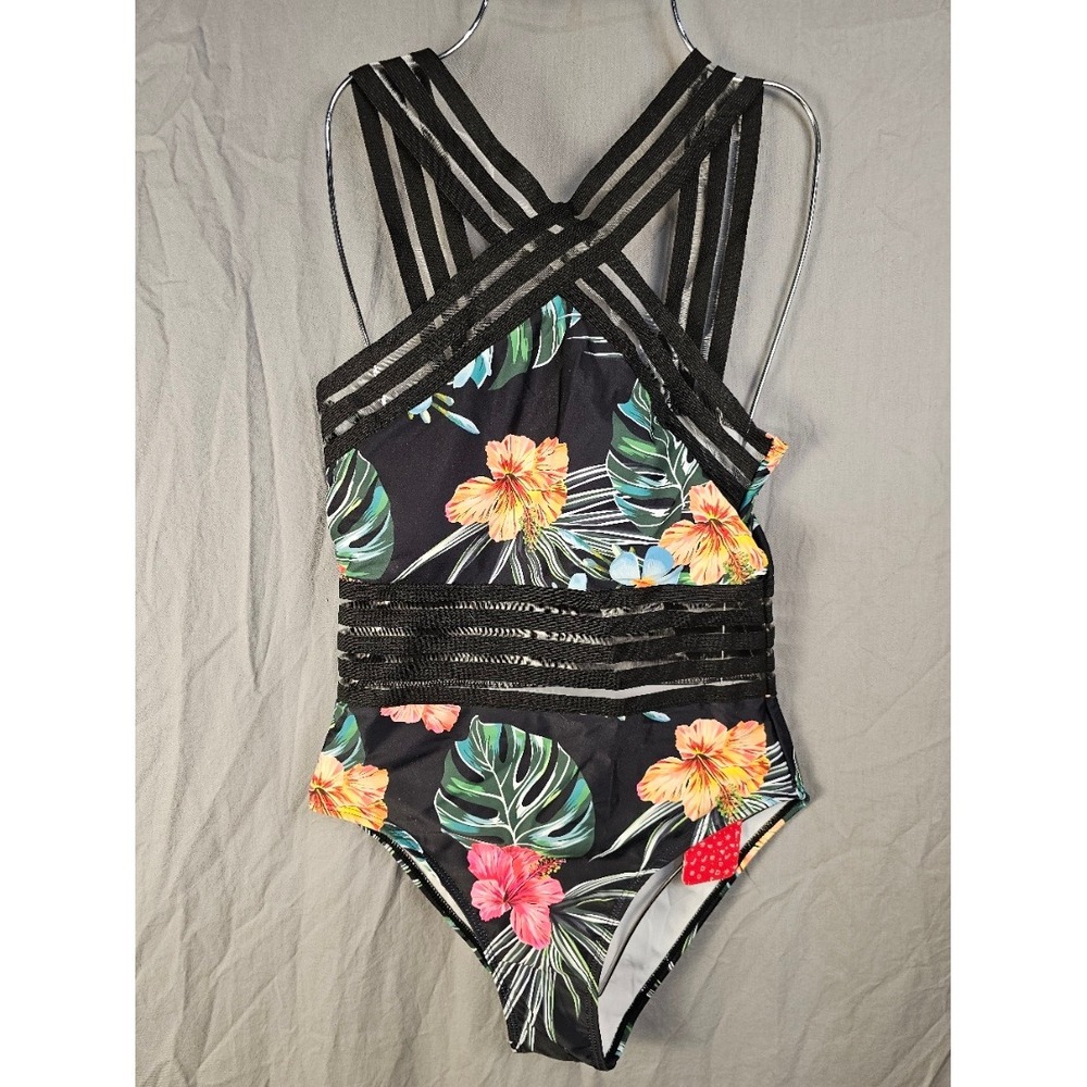 Focamia Tropical Floral Mesh One Piece Swimsuit Black Pink Green Medium NWT